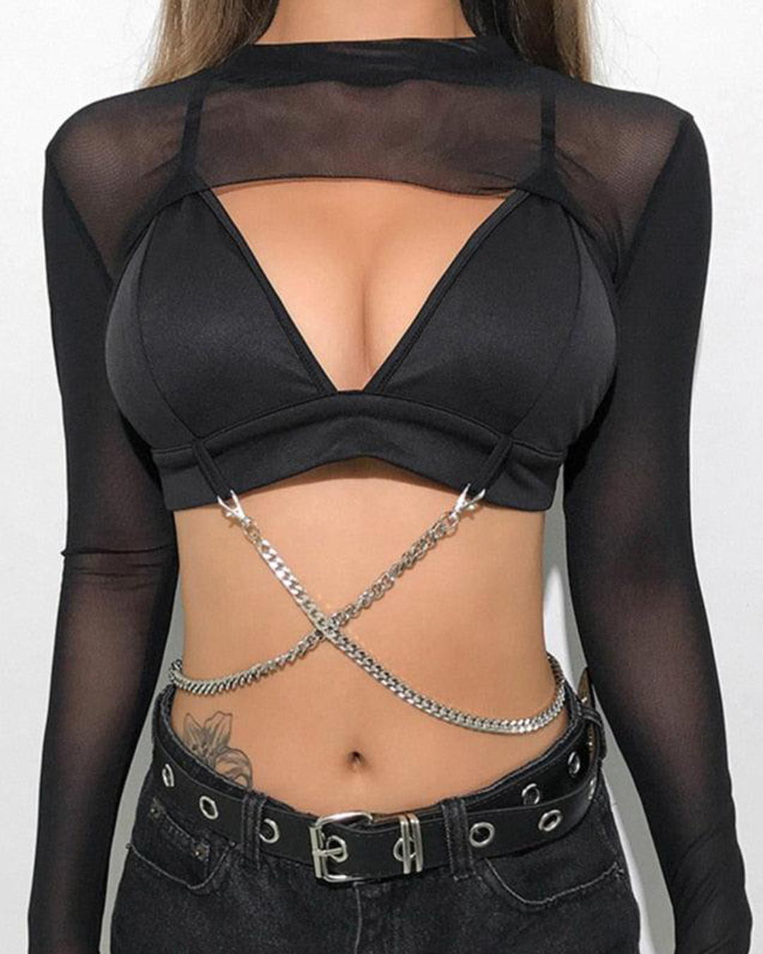 Long Sleeve Fishnet Crop Top Pole